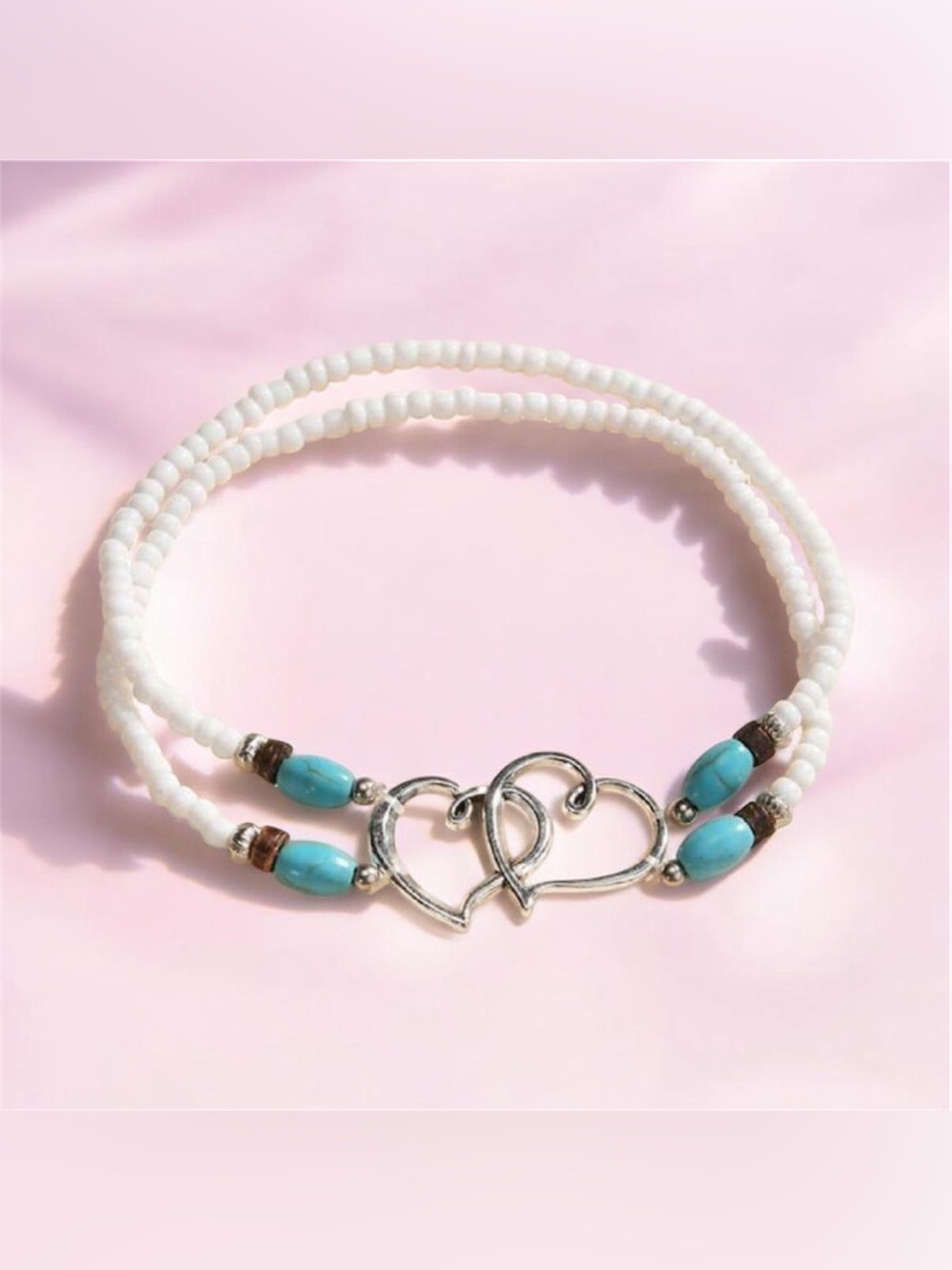 White and Turquoise Double Heart Beaded Bracelet